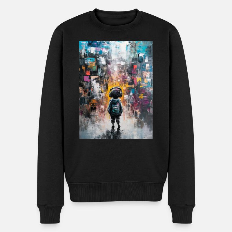 Kind mit Kopfhörern schaut ins Abstrakte - Männer Premium Bio Pullover - Schwarz