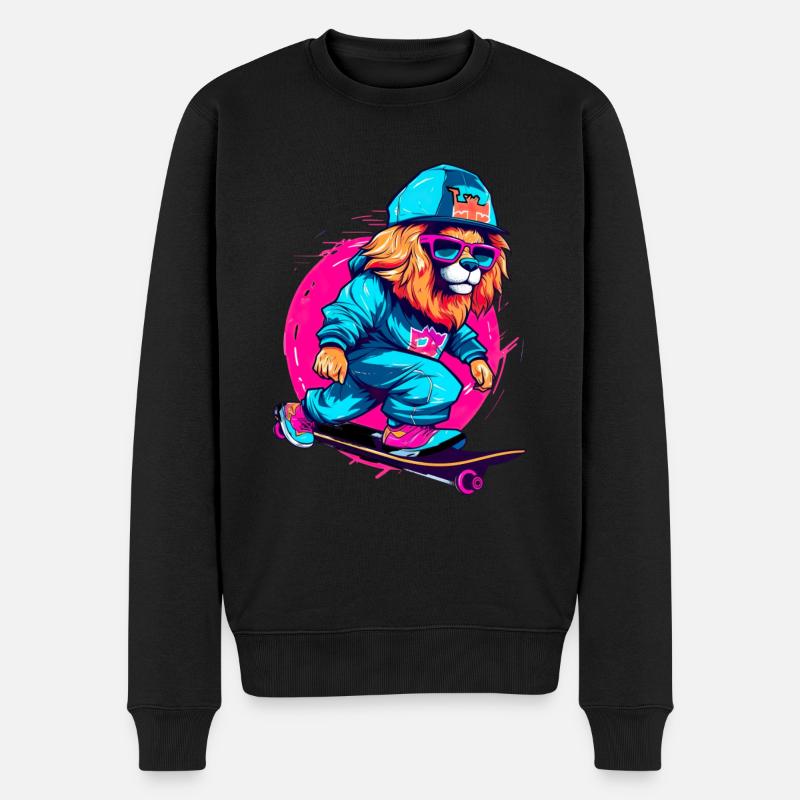 Lustiger Löwe auf Skateboard Skater Skateboarding - Männer Premium Bio Pullover - Schwarz
