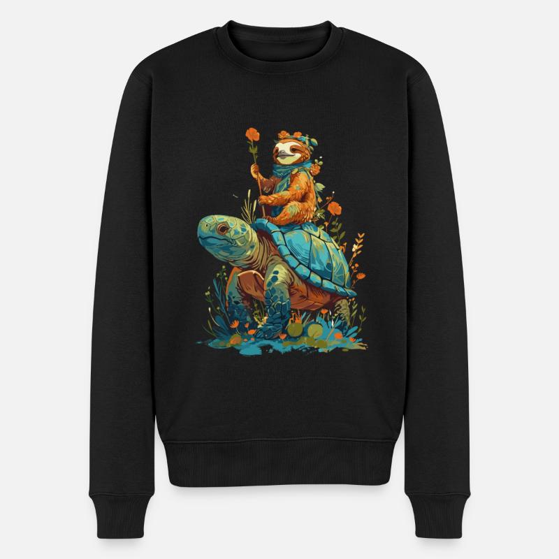 Faultier reitet Schildkröte - Männer Premium Bio Pullover - Schwarz