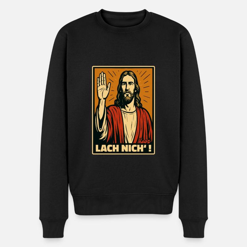 Jesus mit erhobener Hand und Spruch „Lach nich’!“ - Männer Premium Bio Pullover - Schwarz