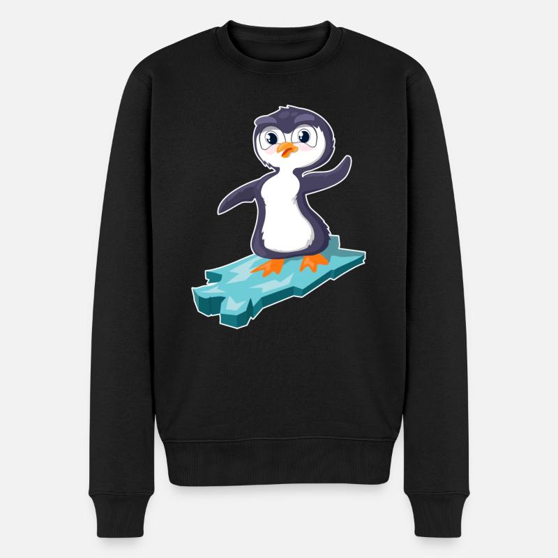 Un pingouin surfe sur une banquise - Pull Premium bio Homme - noir