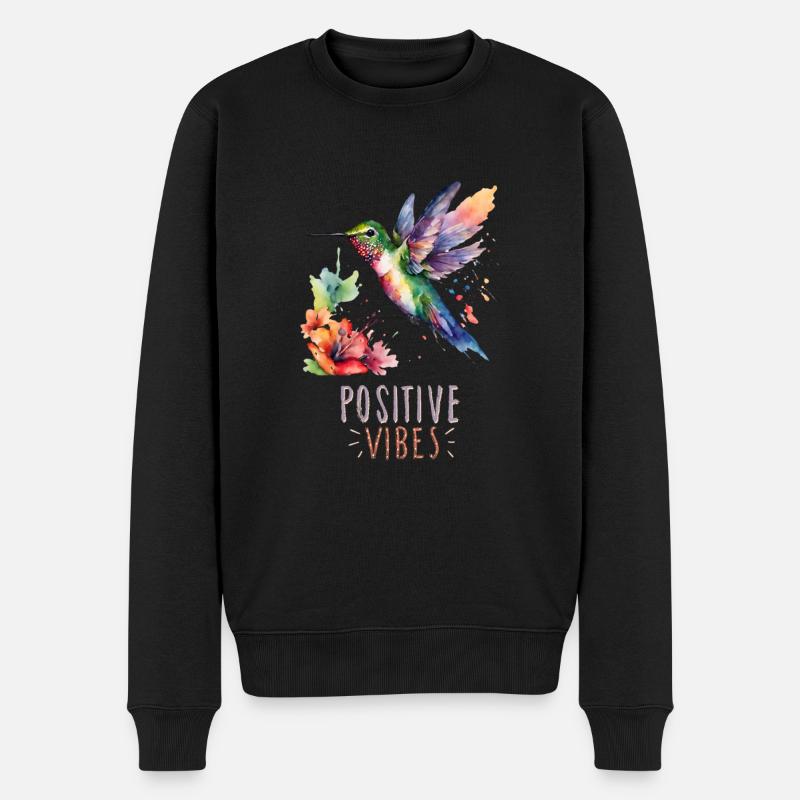 Aquarell-Kolibri mit positiver Vibes-Phrase - Männer Premium Bio Pullover - Schwarz