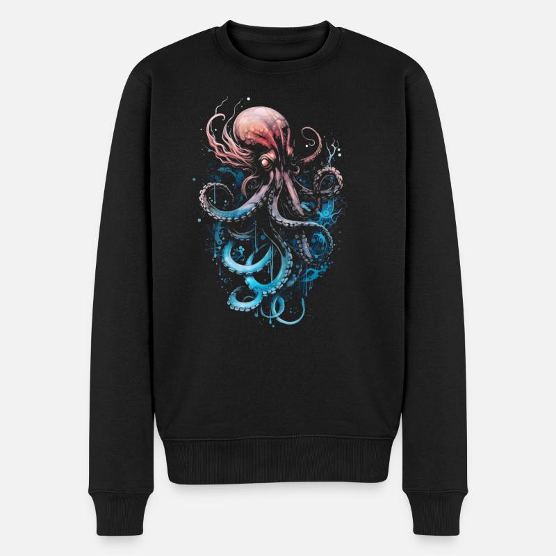 Rosa Blauer Oktopus auf schwarzem Untergrund - Männer Premium Bio Pullover - Schwarz