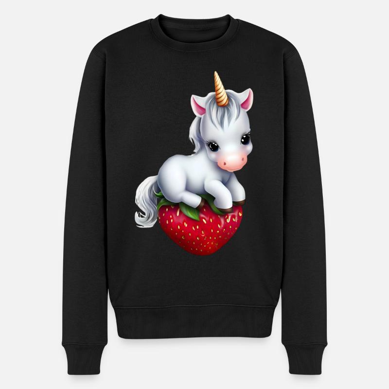 Einhorn auf Erdbeere - Männer Premium Bio Pullover - Schwarz