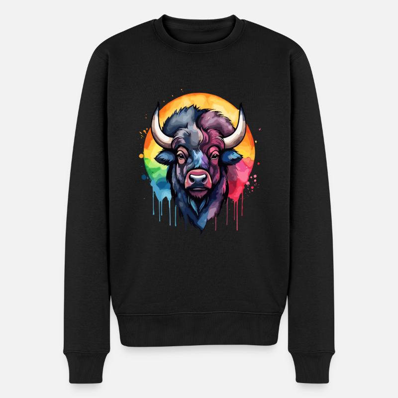 Bison, Tier, Cool, Atemberaubend, Buntes Aquarell - Männer Premium Bio Pullover - Schwarz