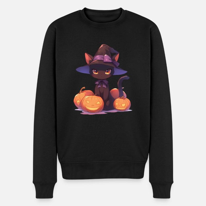 Chat mignon d’Halloween avec chapeau de sorcière et citrouille - Pull Premium bio Homme - noir