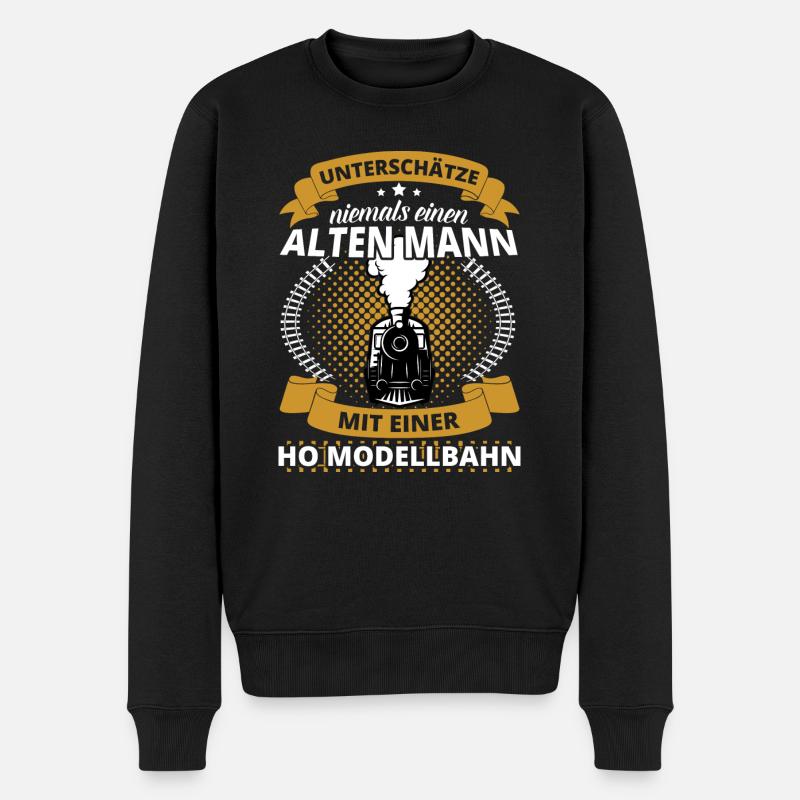 Alter Mann mit HO Modelbahn Eisenbahn Lokomotive - Männer Premium Bio Pullover - Schwarz