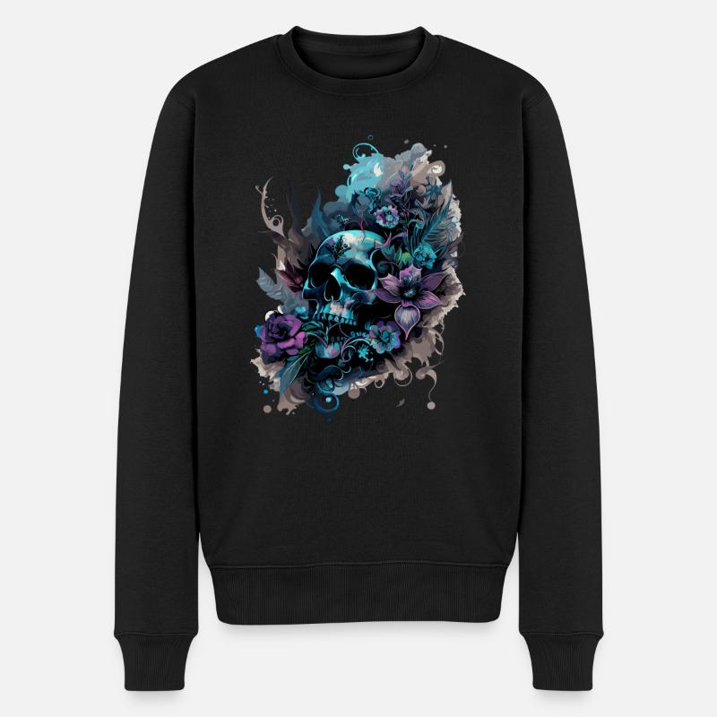 Menschlicher Schädel & Blumen 39 - Männer Premium Bio Pullover - Schwarz