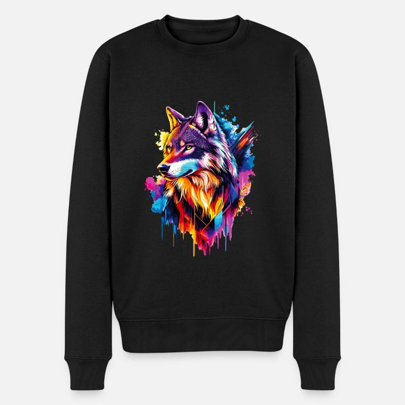 Loup Tête de loup Prédateur Forêt Nature sauvage Coloré - Pull Premium bio Homme - noir