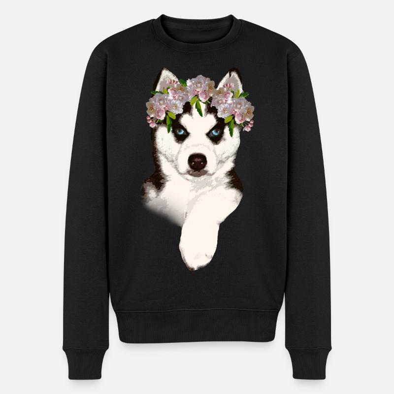 Husky mit Blumenkrone - Männer Premium Bio Pullover - Schwarz