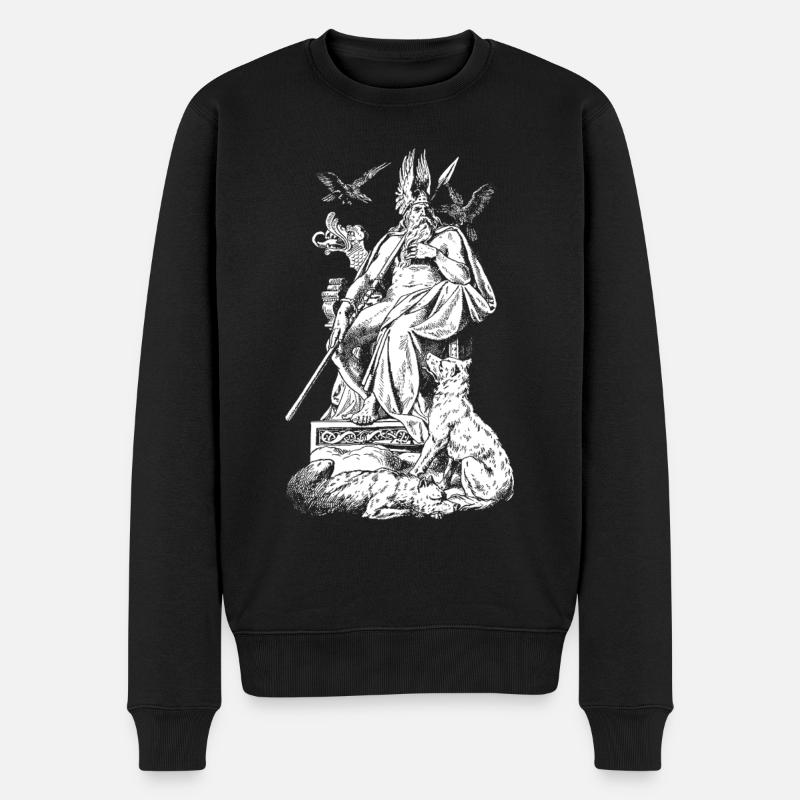 Odin auf Thron mit Speer, Raben und Wölfen - Männer Premium Bio Pullover - Schwarz