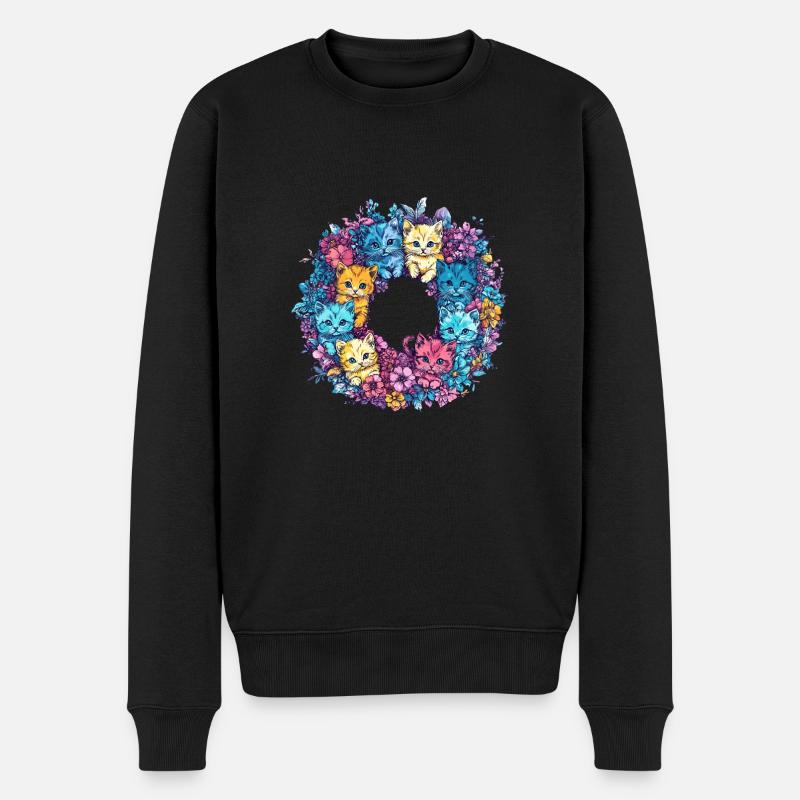 Bunte Katzen im Blütenkranz - Männer Premium Bio Pullover - Schwarz