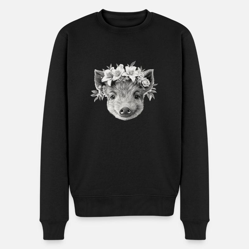 Wildschwein mit Blumenkranz - Männer Premium Bio Pullover - Schwarz