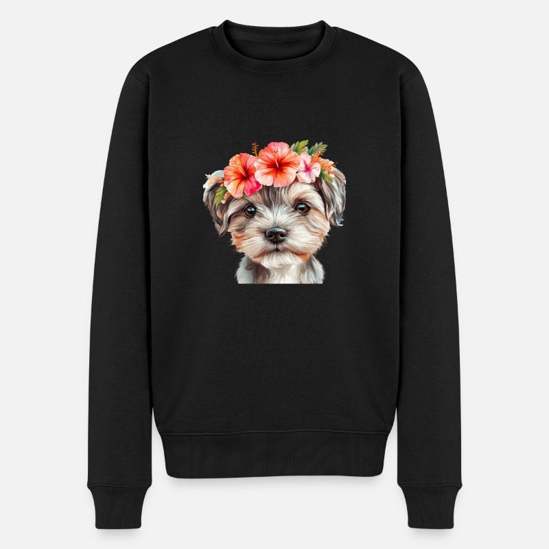 Süßer Hund mit Blumen - Männer Premium Bio Pullover - Schwarz