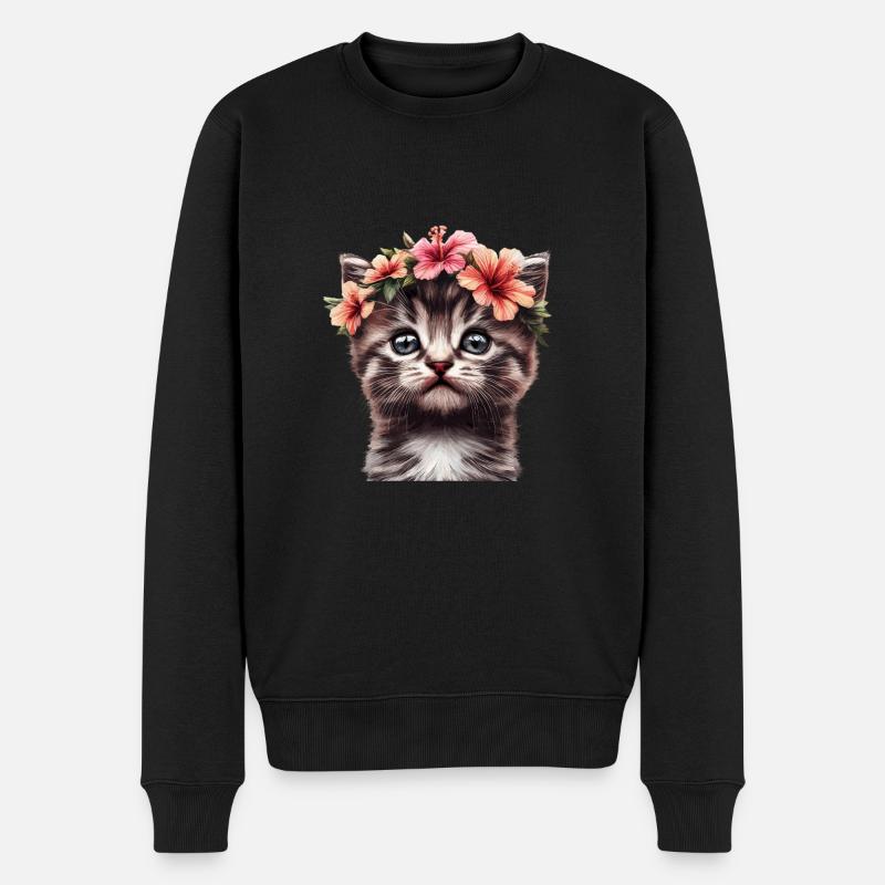 Katze mit Hibiskus - Männer Premium Bio Pullover - Schwarz