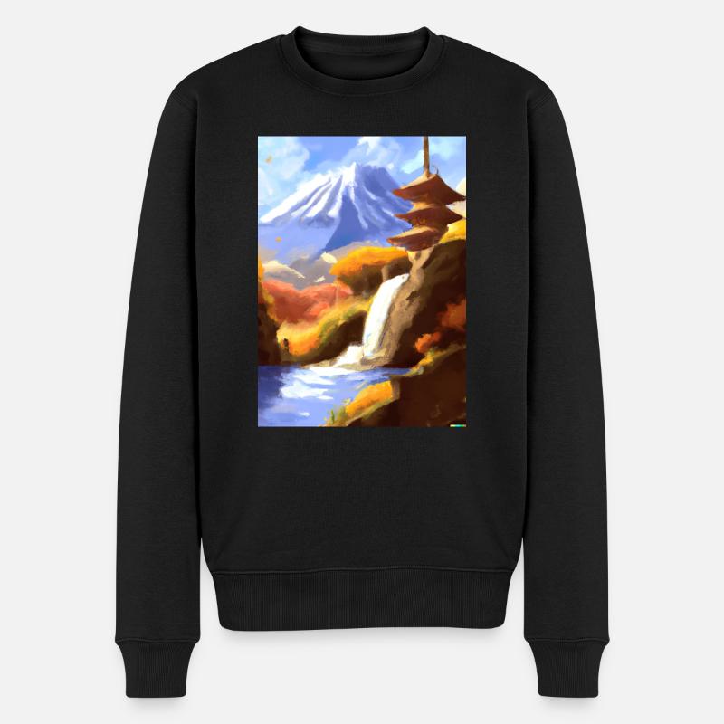 Japan Tower Wasserfall Gemälde - Männer Premium Bio Pullover - Schwarz