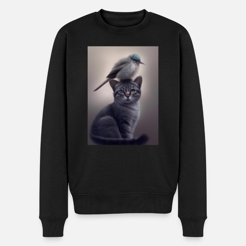 Vogel sitzt auf Katze - Männer Premium Bio Pullover - Schwarz