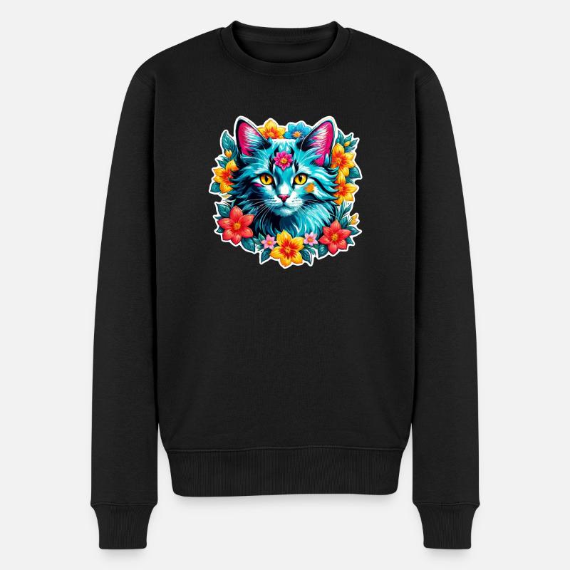 chat et fleur aquarelle - Pull Premium bio Homme - noir