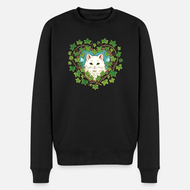 Weiße Katze Efeu - Männer Premium Bio Pullover - Schwarz