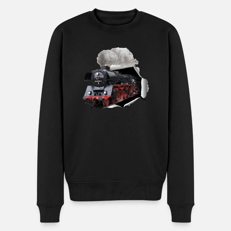 Dampflokomotive durchbricht Wand - Männer Premium Bio Pullover - Schwarz
