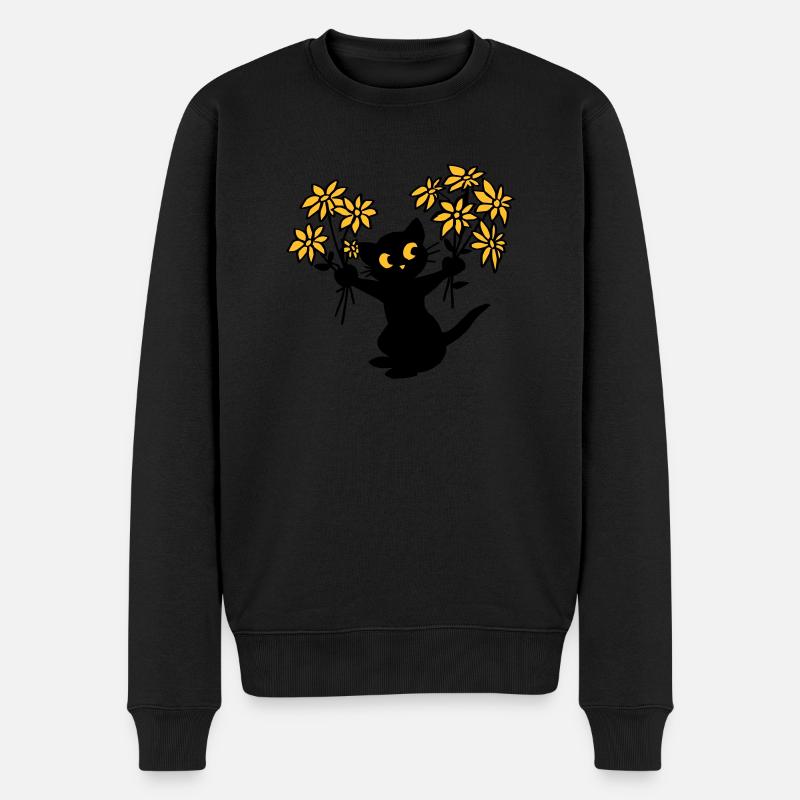 Die Katze mit Blumen - Männer Premium Bio Pullover - Schwarz