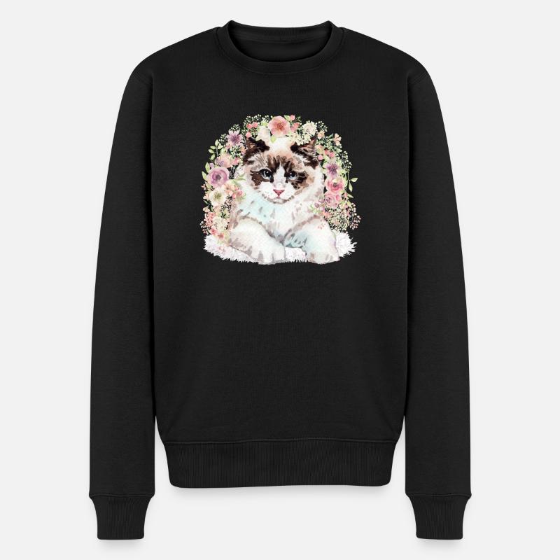 Ragdoll Katze mit Blumen - Aquarell - Männer Premium Bio Pullover - Schwarz