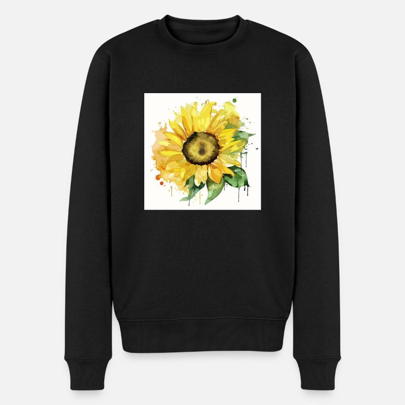 Handgezeichnete Aquarell Sonnenblume - Männer Premium Bio Pullover - Schwarz