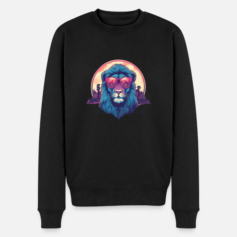 Synthwave Lion Sunset - Männer Premium Bio Pullover - Schwarz