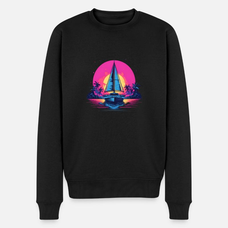 Synthwave Yacht sunset - Männer Premium Bio Pullover - Schwarz