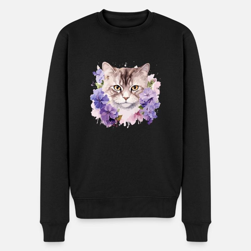 Katze mit Blumen - Männer Premium Bio Pullover - Schwarz