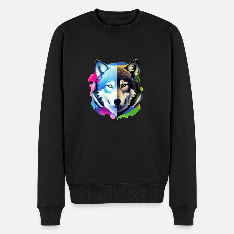 loup avec des écouteurs - Pull Premium bio Homme - noir