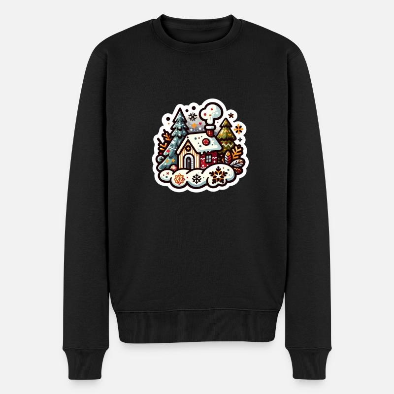 Gemütliches Winterwunderland: Ein charmantes rotes Ferienhaus - Männer Premium Bio Pullover - Schwarz