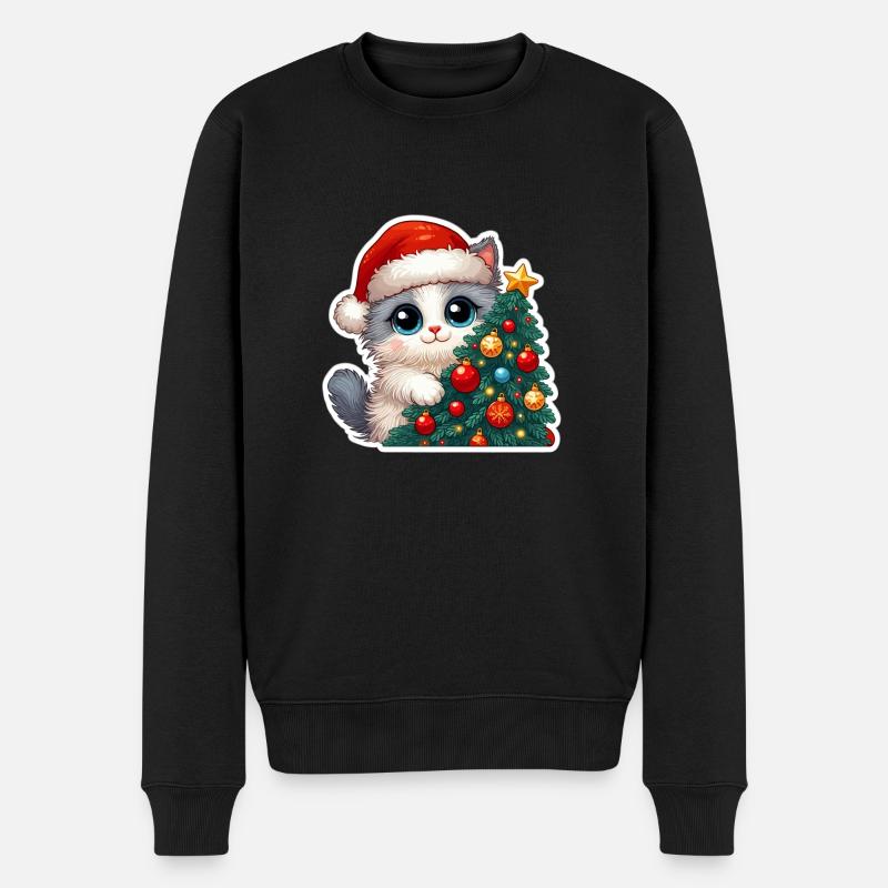 Niedliches Weihnachtskätzchen und geschmückte Baumkunst - Männer Premium Bio Pullover - Schwarz