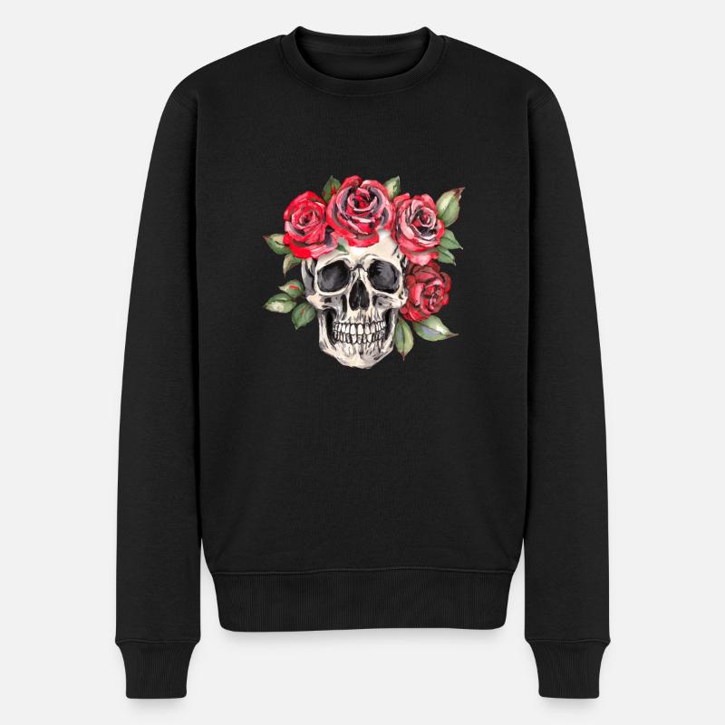 Totenkopf mit roten Rosen - Männer Premium Bio Pullover - Schwarz