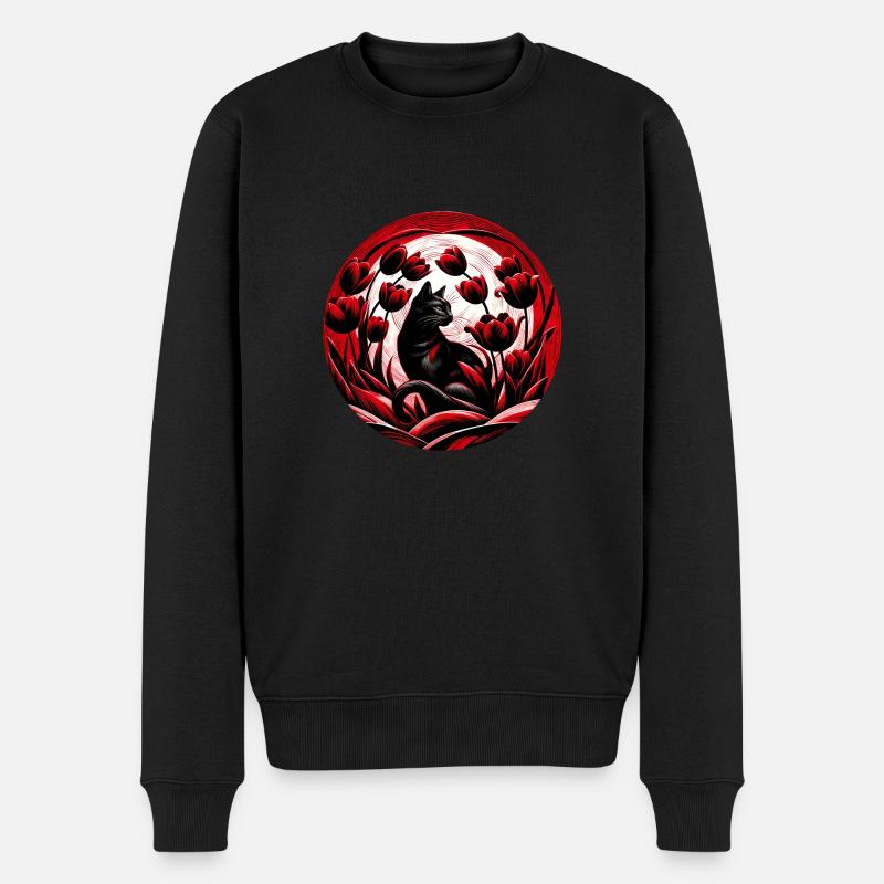 Schwarze Katze Rote Tulpen - Männer Premium Bio Pullover - Schwarz