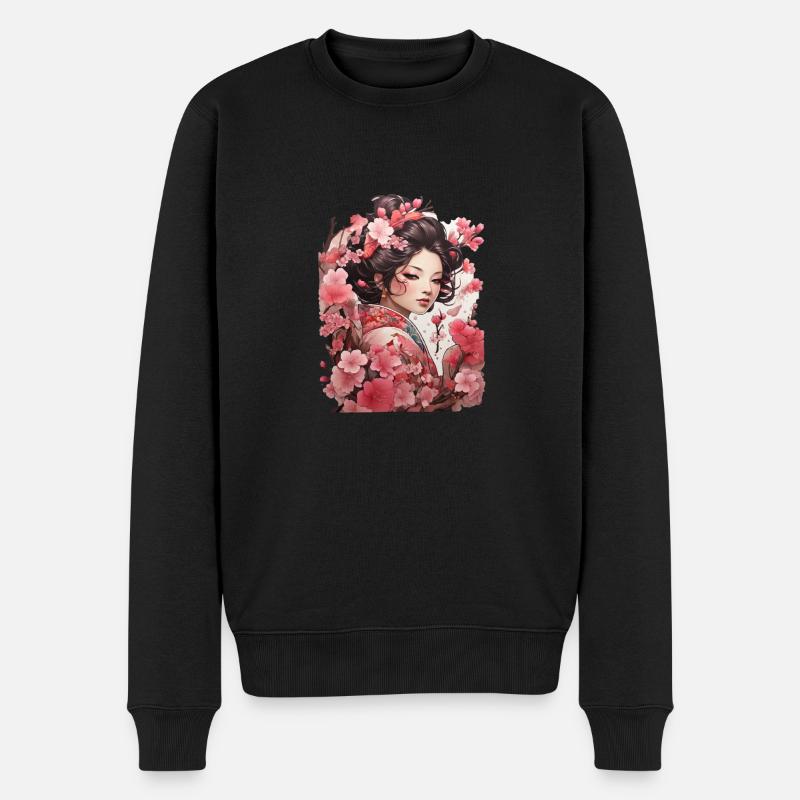 Kvinde i kimono med kirsebær- og blommemønstre - Økologisk premium-sweatshirt til mænd - sort