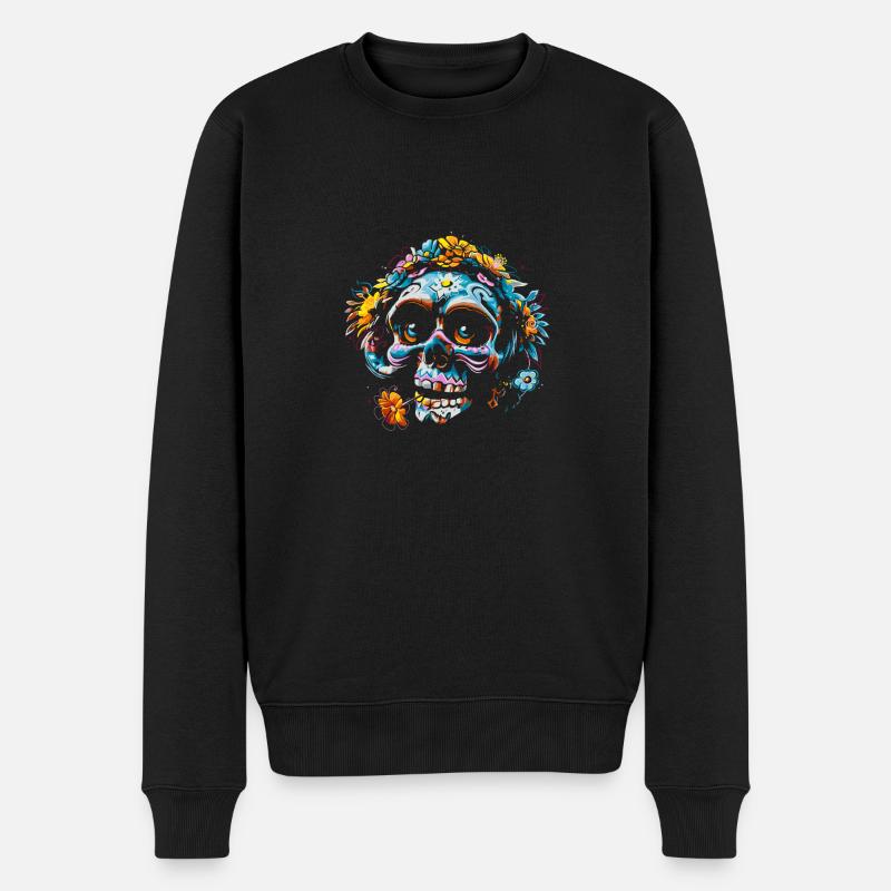 Totenkopf Blumen Calavera - Männer Premium Bio Pullover - Schwarz