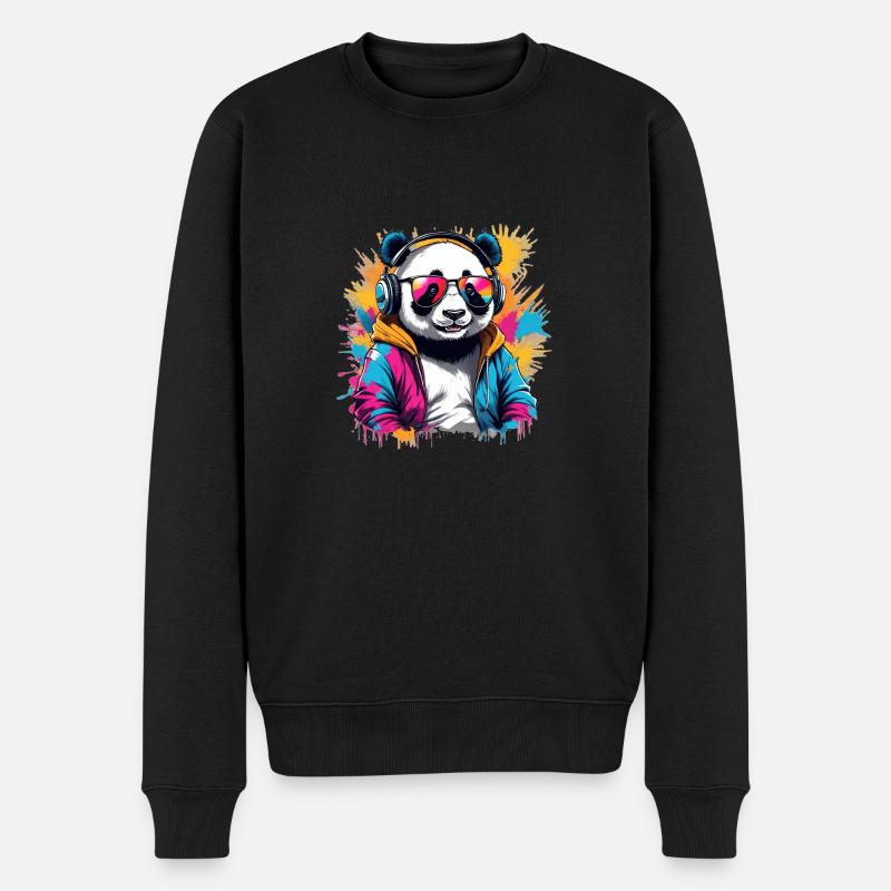 Cooler DJ Panda mit Sonnenbrille und Kopfhörer - Männer Premium Bio Pullover - Schwarz