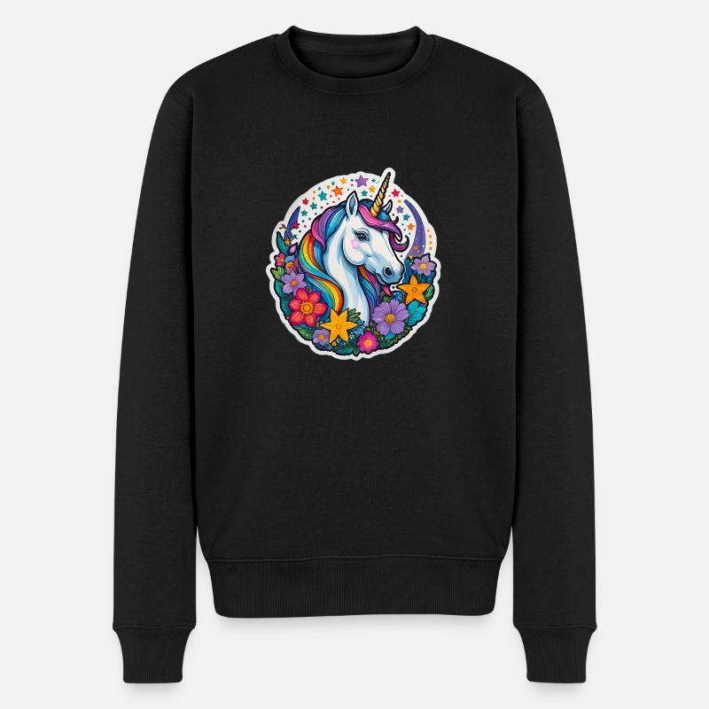 Regebogen Einhorn mit Blumen und Sternen - Männer Premium Bio Pullover - Schwarz