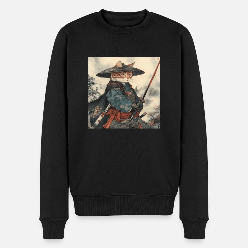 Kot Samuraj Japonia Ukiyo-E - Ekologiczna męska bluza Premium - czarny