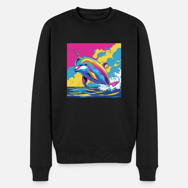 Pop Art Regenbogen Einhorn Delfin - Männer Premium Bio Pullover - Schwarz