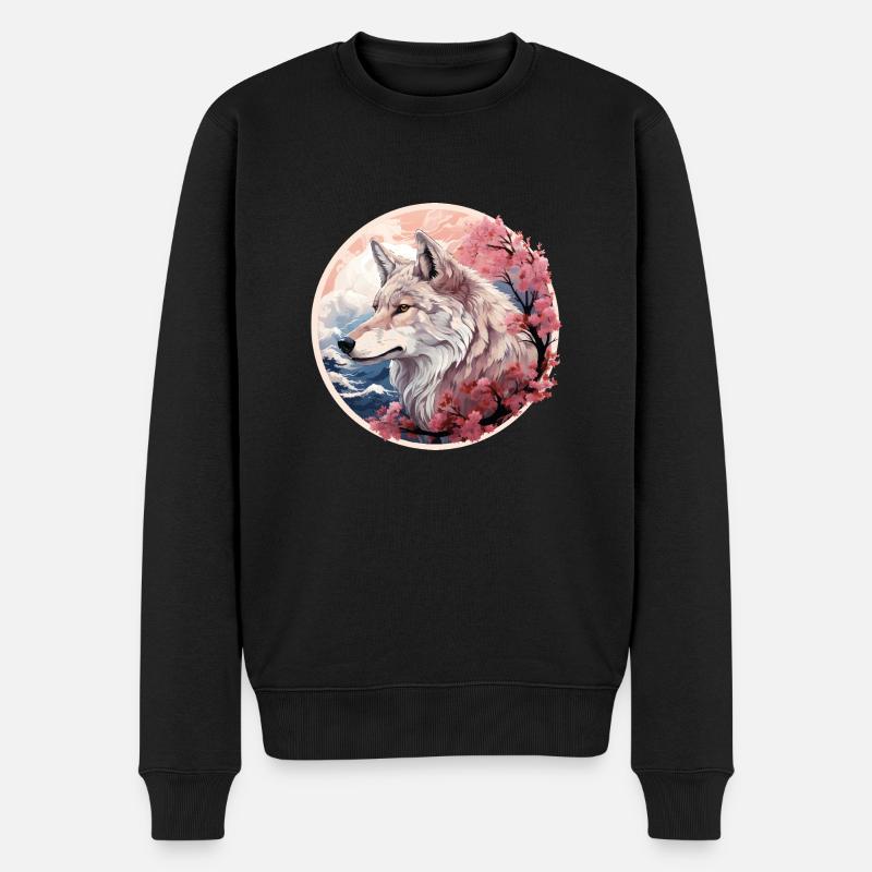 Japanischer Wolf, Kirschblüte - Männer Premium Bio Pullover - Schwarz