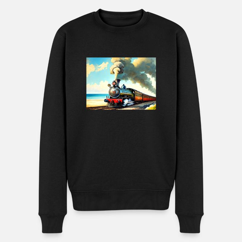 Dampflok am Strand - Männer Premium Bio Pullover - Schwarz