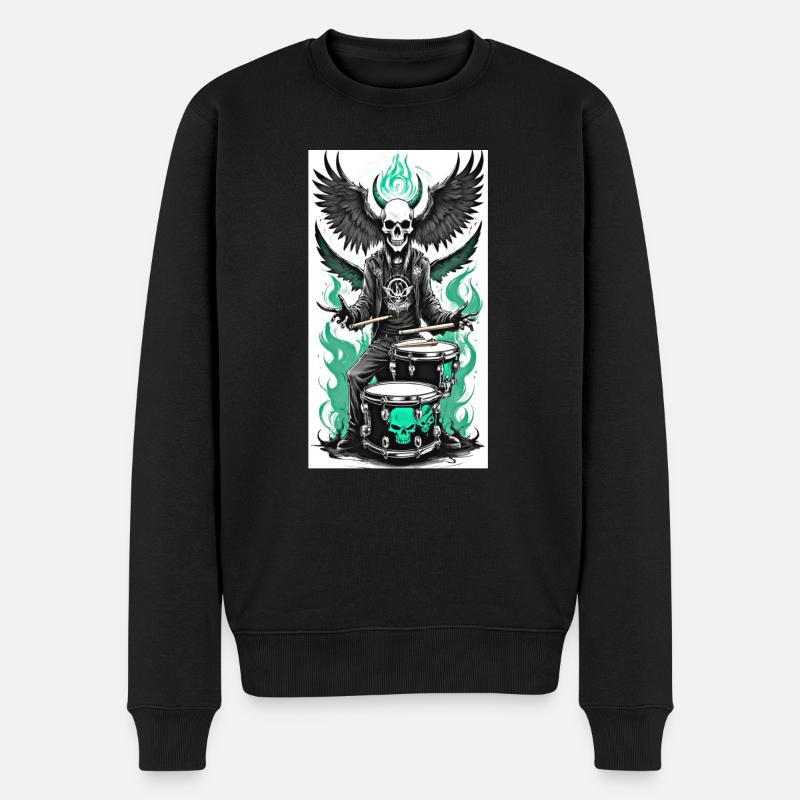 Skull Metal Drummer Green Flames - Männer Premium Bio Pullover - Schwarz