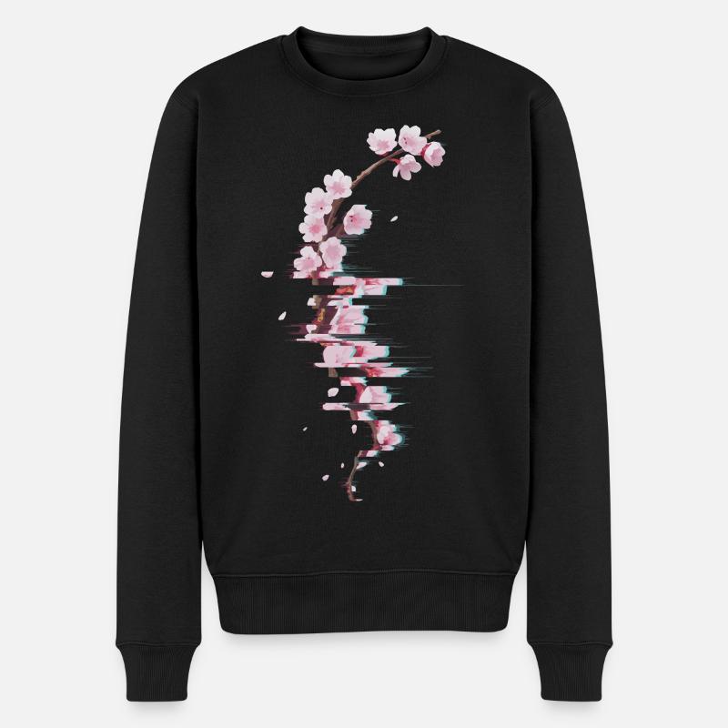 Glitch Kirschblüte moderner Blütenzweig - Männer Premium Bio Pullover - Schwarz