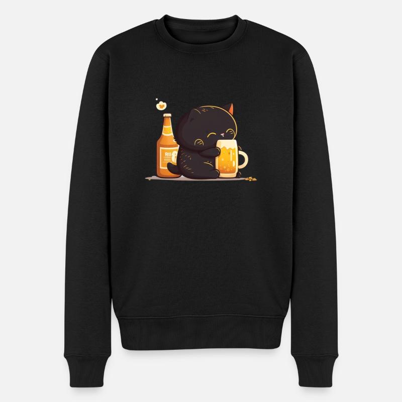 Katze kuschelt mit Bier - Männer Premium Bio Pullover - Schwarz