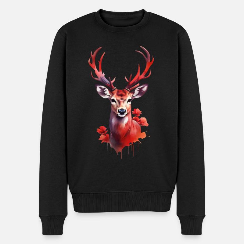 Roter Hirsch im Blütenmeer - Männer Premium Bio Pullover - Schwarz