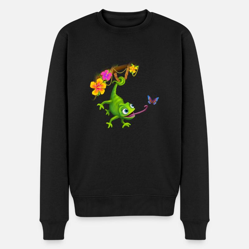 Caméléon avec papillon et fleurs - Pull Premium bio Homme - noir