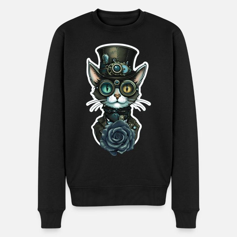 Steampunk Katze schwarze Rose Gothic - Männer Premium Bio Pullover - Schwarz