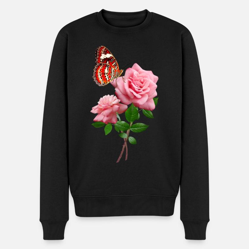 Rose Mit Schönem Roten Schmetterling - Männer Premium Bio Pullover - Schwarz